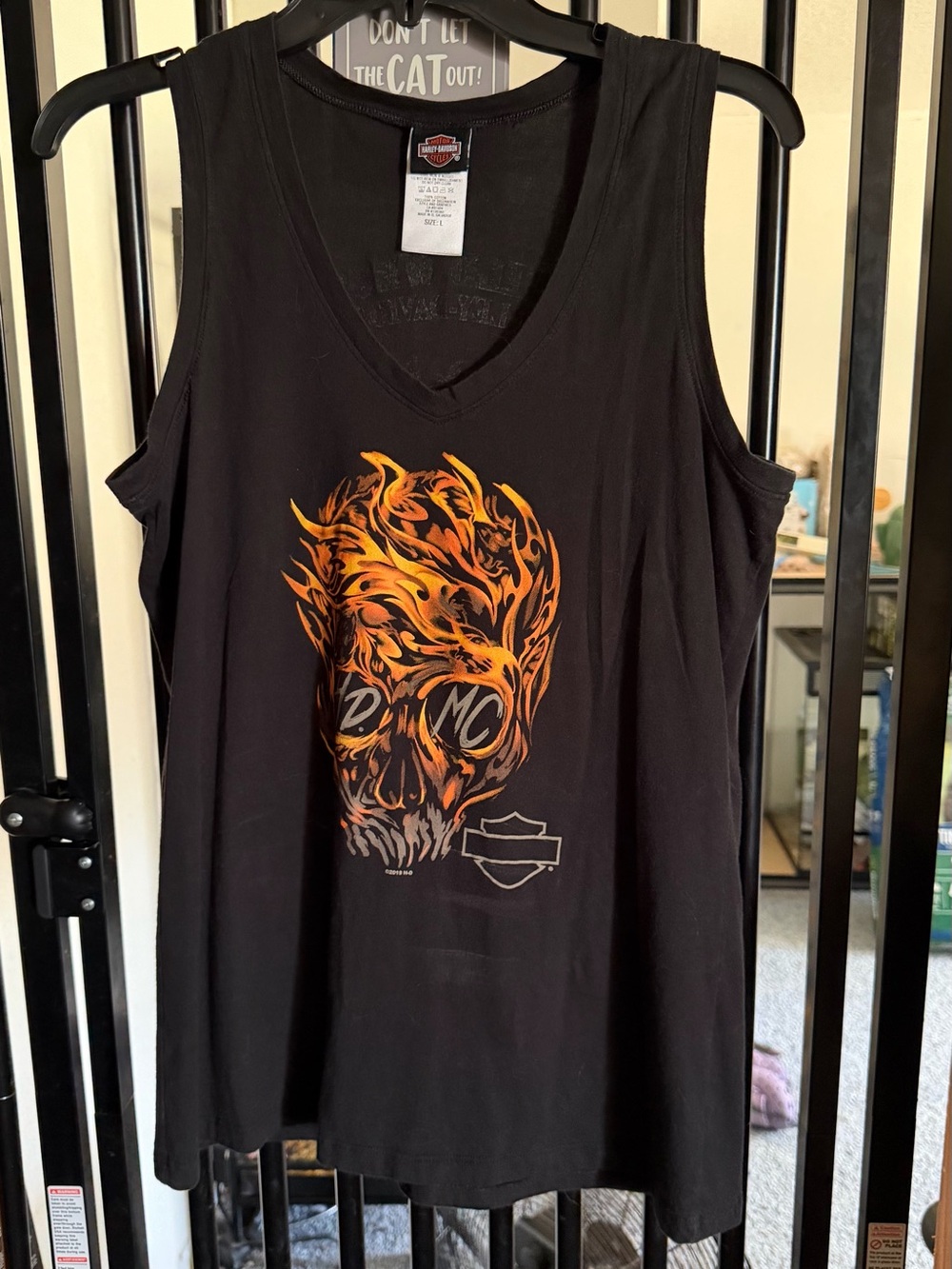 Harley-Davidson Black Tank Top with Orange Flame Skull Graphic